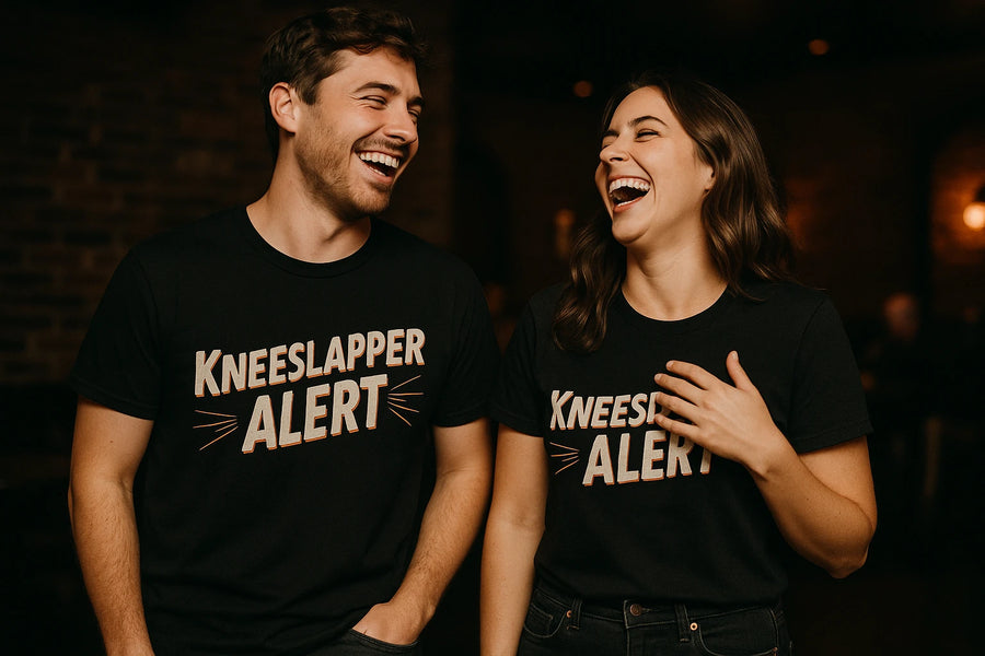 A man and a woman are standing side by side, both laughing joyfully. They are wearing matching black T-shirts with the text "KNEESLAPPER ALERT." The background appears to be a dimly lit indoor space with exposed brick walls.