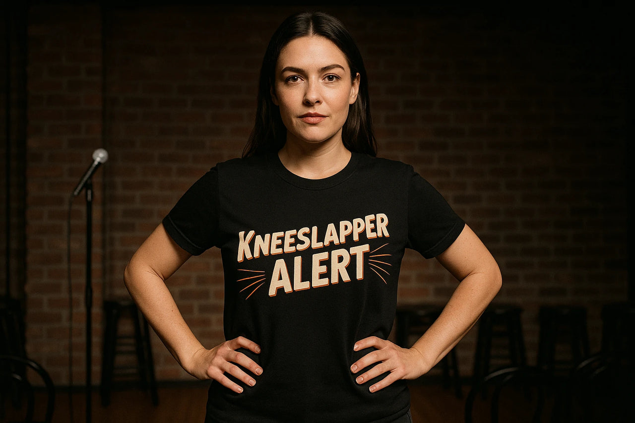 A person with long dark hair stands confidently with their hands on their hips, wearing a black t-shirt that says "Kneeslapper Alert." They are in a room with a brick wall backdrop and a microphone stand behind them.