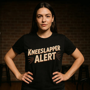Lifestyle shot of the "Kneeslapper Alert" black comedy t shirt in a real-world setting