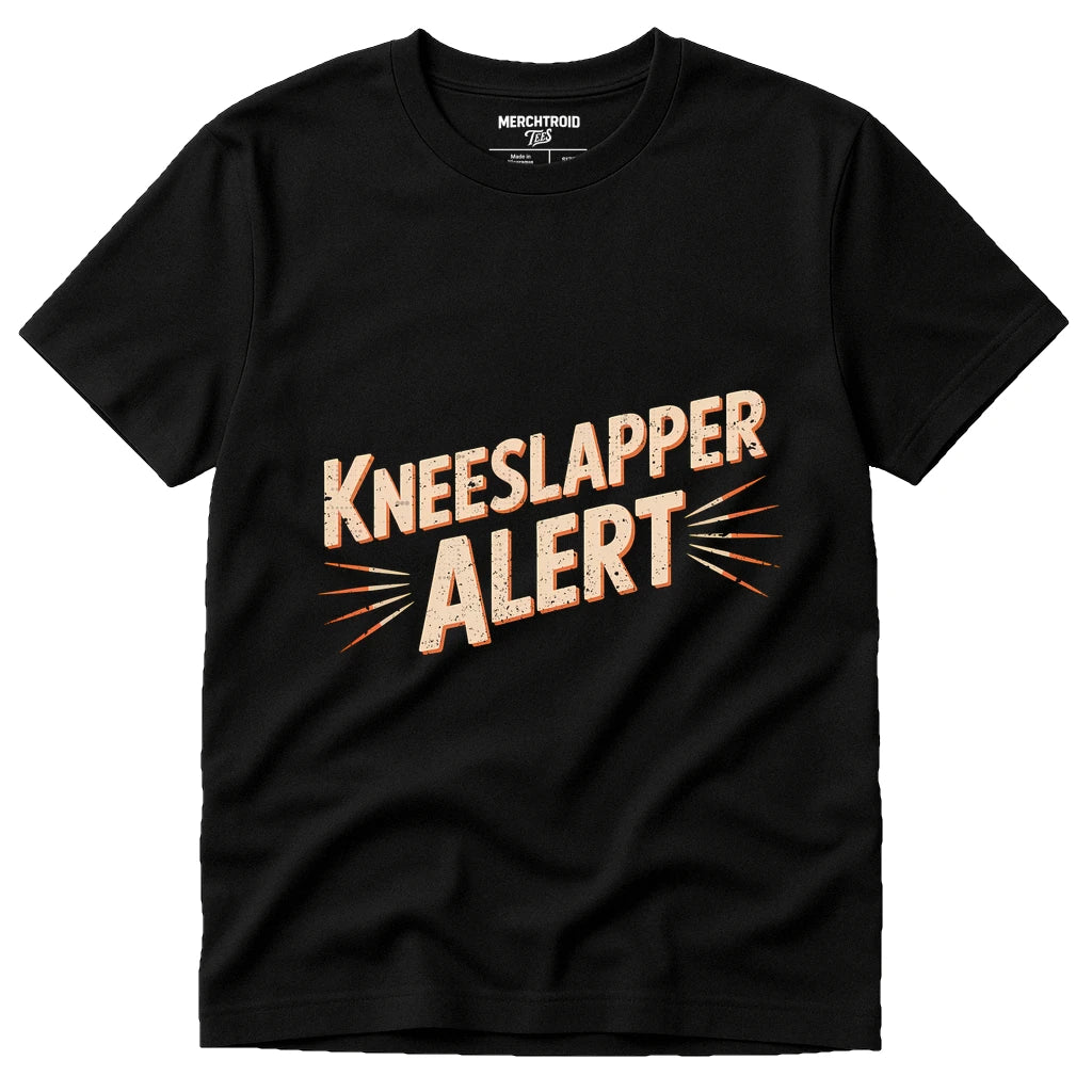 Black Comedy T Shirt - "Kneeslapper Alert" graphic tee with beige print, flat lay product photo
