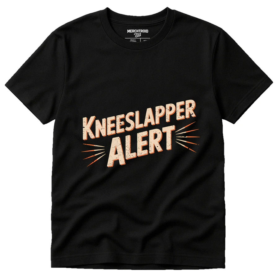 A black T-shirt with the text "KNEESLAPPER ALERT" printed in bold, distressed letters with orange accents and lines.