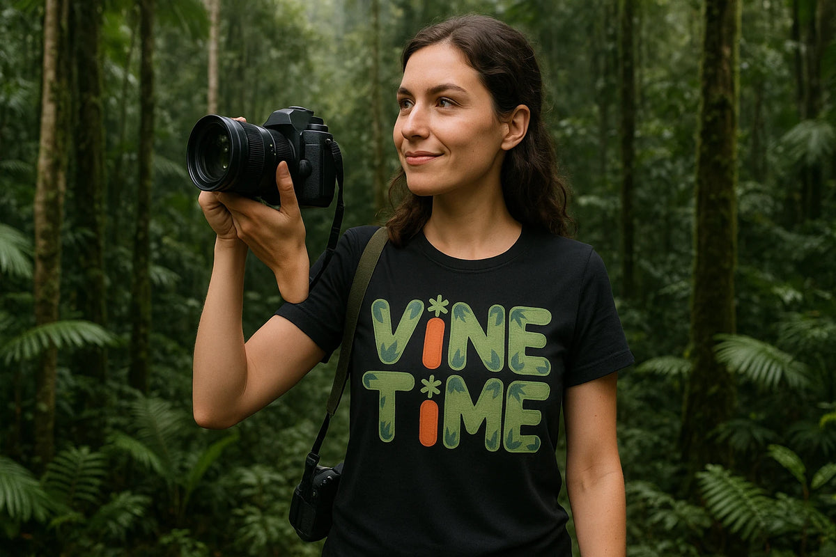 Lifestyle shot of the "Vine Time" black rainforest t shirt in a real-world setting