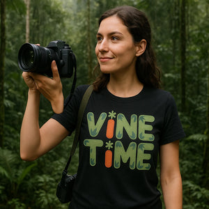 Lifestyle shot of the "Vine Time" black rainforest t shirt in a real-world setting
