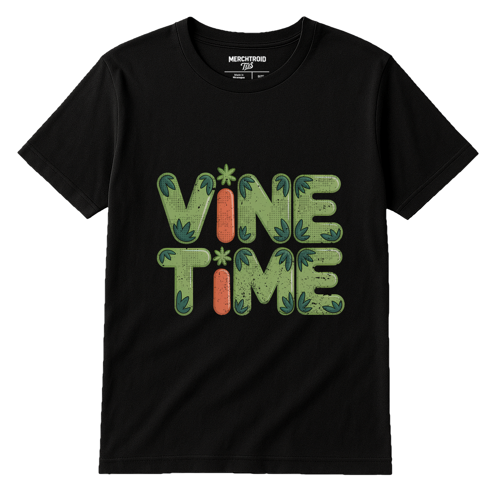 Black Rainforest T Shirt - "Vine Time" graphic tee with gray print, flat lay product photo
