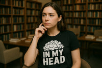 A person with long brown hair is sitting in a library with bookshelves in the background. They are wearing a black T-shirt featuring a brain illustration above the text 