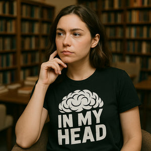 Lifestyle shot of the "In My Head" black psychologist shirts in a real-world setting