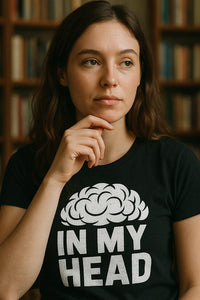 A person with long brown hair is wearing a black T-shirt featuring an illustration of a stylized brain above the words 