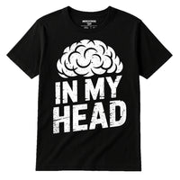A black t-shirt with a white graphic of a stylized brain above the bold text 