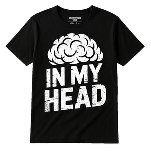 Black Psychologist Shirts - "In My Head" graphic tee with white print, flat lay product photo