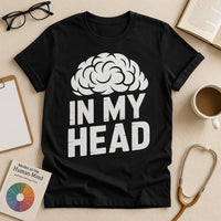 A black t-shirt with a white brain graphic above the text 