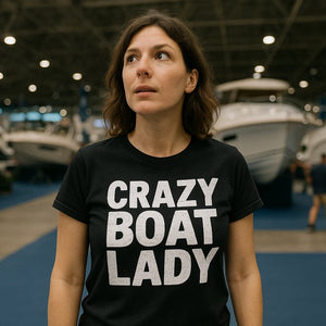 Lifestyle shot of the "Crazy Boat Lady" black boats and hoes t shirt in a real-world setting