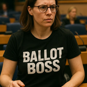"Ballot Boss" black politics t shirt, photographed as gifts for politics lovers