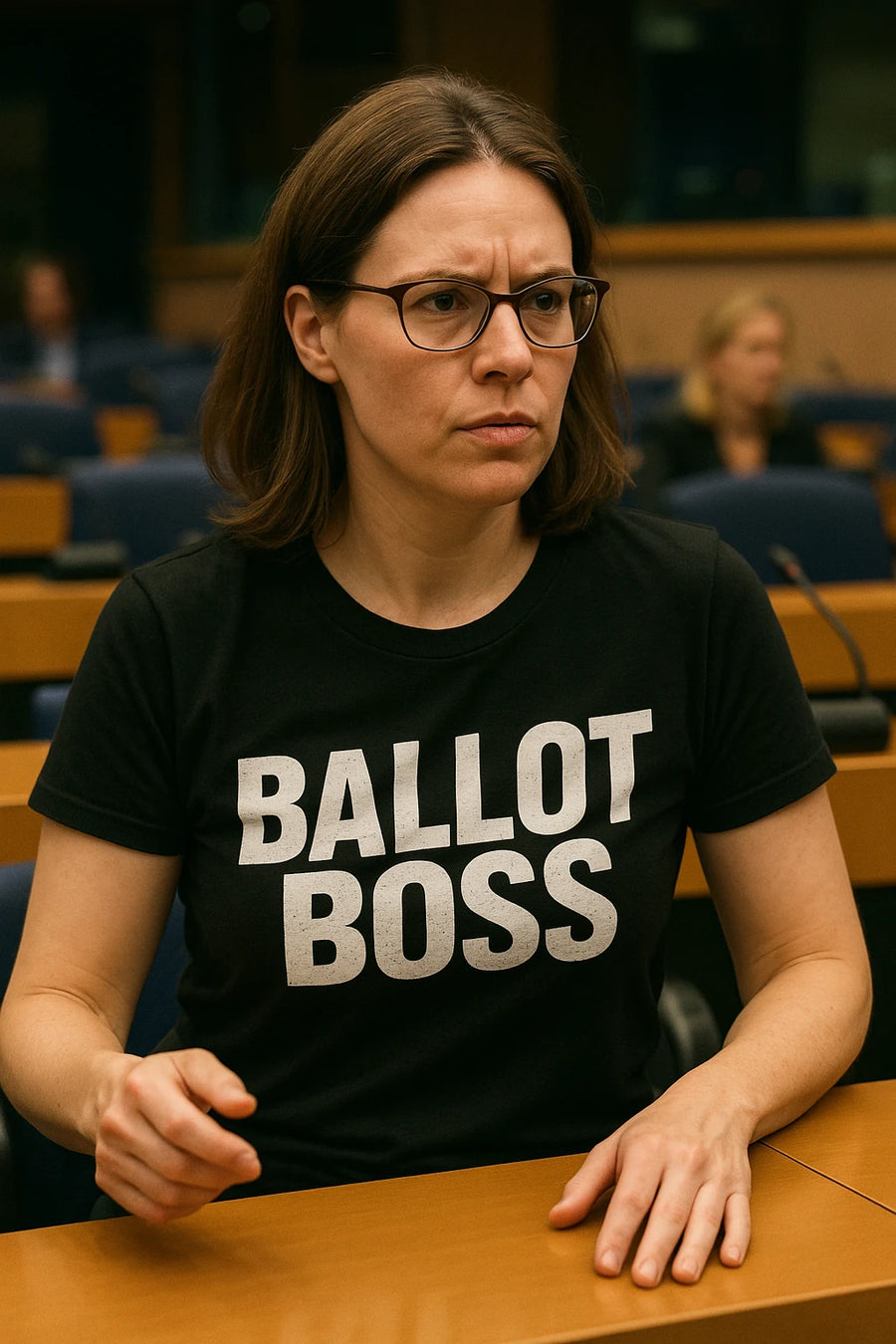 A person sitting at a desk in what appears to be a conference or meeting room. They are wearing glasses and a black t-shirt with the phrase "BALLOT BOSS" printed on it. The person has a focused expression. The background shows other people and rows of seating.