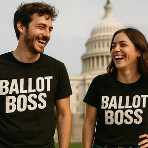 Person wearing the black politics t shirt graphic tee - "Ballot Boss" design