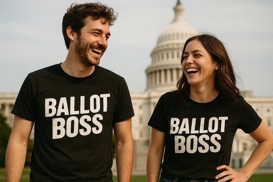 A man and a woman are standing outside, both smiling and wearing black T-shirts with the text "BALLOT BOSS." They are in front of the U.S. Capitol building.