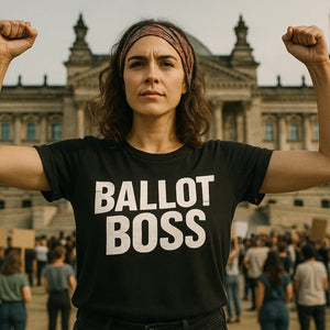 Lifestyle shot of the "Ballot Boss" black politics t shirt in a real-world setting