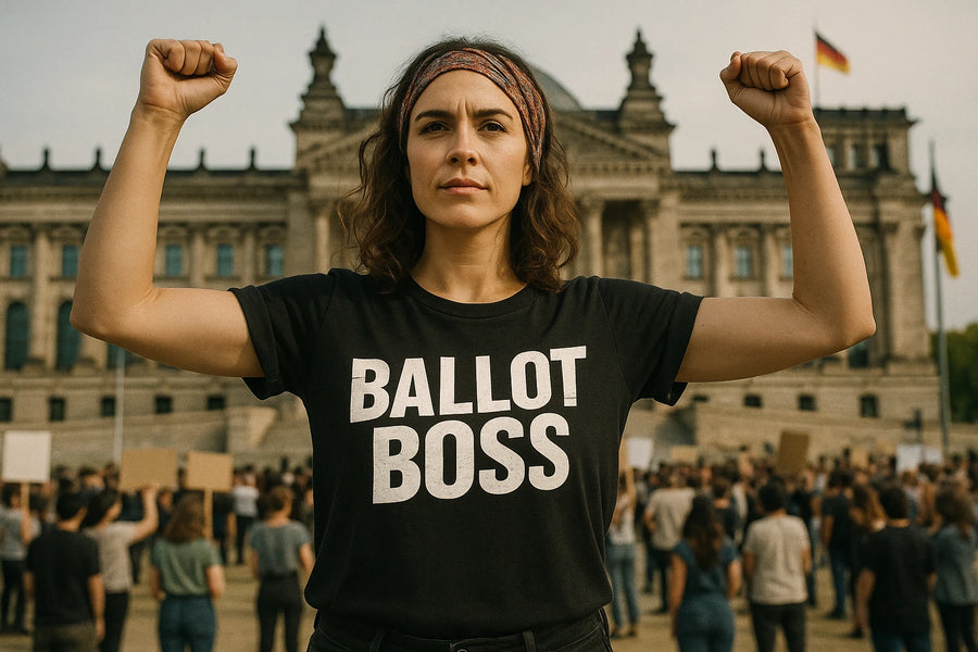 A person stands confidently with arms raised in a gesture of strength, wearing a black shirt with the words "BALLOT BOSS" printed on it. They have shoulder-length wavy hair and are wearing a headband. Behind them is a large building, which appears to be a government building, with a crowd of people holding signs and flags in the background.