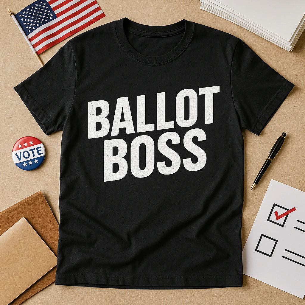 A black t-shirt with the words "BALLOT BOSS" printed in bold, white letters. The shirt is placed on a beige surface alongside a small American flag, a "VOTE" pin, an envelope, a pen, and a paper with a red checkmark in a box, suggesting a voting theme.