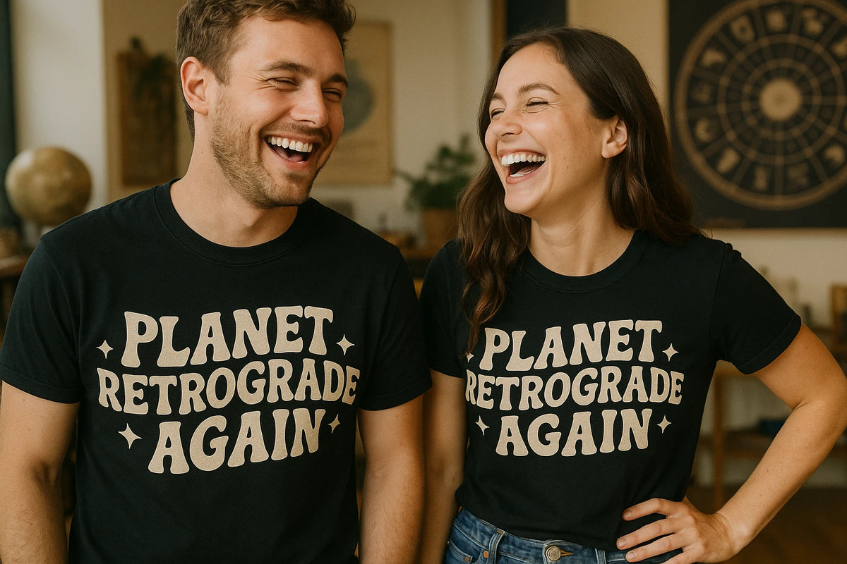 Person wearing the black cancer t shirts astrology graphic tee - "Planet Retrograde Again" design