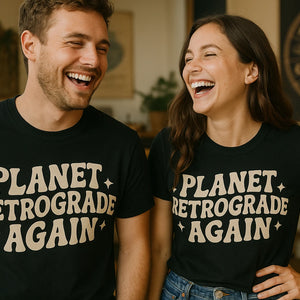 Person wearing the black cancer t shirts astrology graphic tee - "Planet Retrograde Again" design