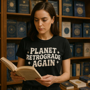 Lifestyle shot of the "Planet Retrograde Again" black cancer t shirts astrology in a real-world setting