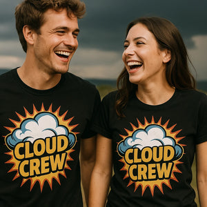 Person wearing the black storms t shirt graphic tee - "Cloud Crew" design
