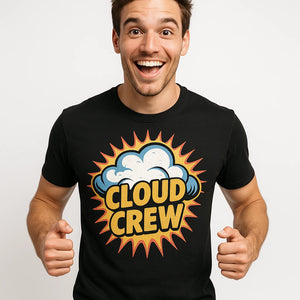 Close-up of the "Cloud Crew" gold print on a premium Bella+Canvas black storms t shirt