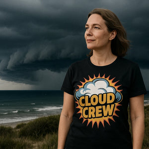 Lifestyle shot of the "Cloud Crew" black storms t shirt in a real-world setting
