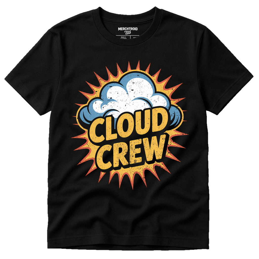 Black Storms T Shirt - "Cloud Crew" graphic tee with gold print, flat lay product photo