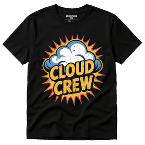 Black Storms T Shirt - "Cloud Crew" graphic tee with gold print, flat lay product photo