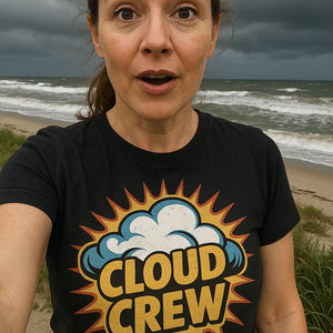 "Cloud Crew" black storms t shirt, photographed as storms lover gift