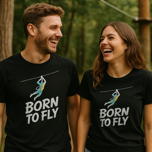 Person wearing the black zip lining t shirt graphic tee - "Born To Fly" design