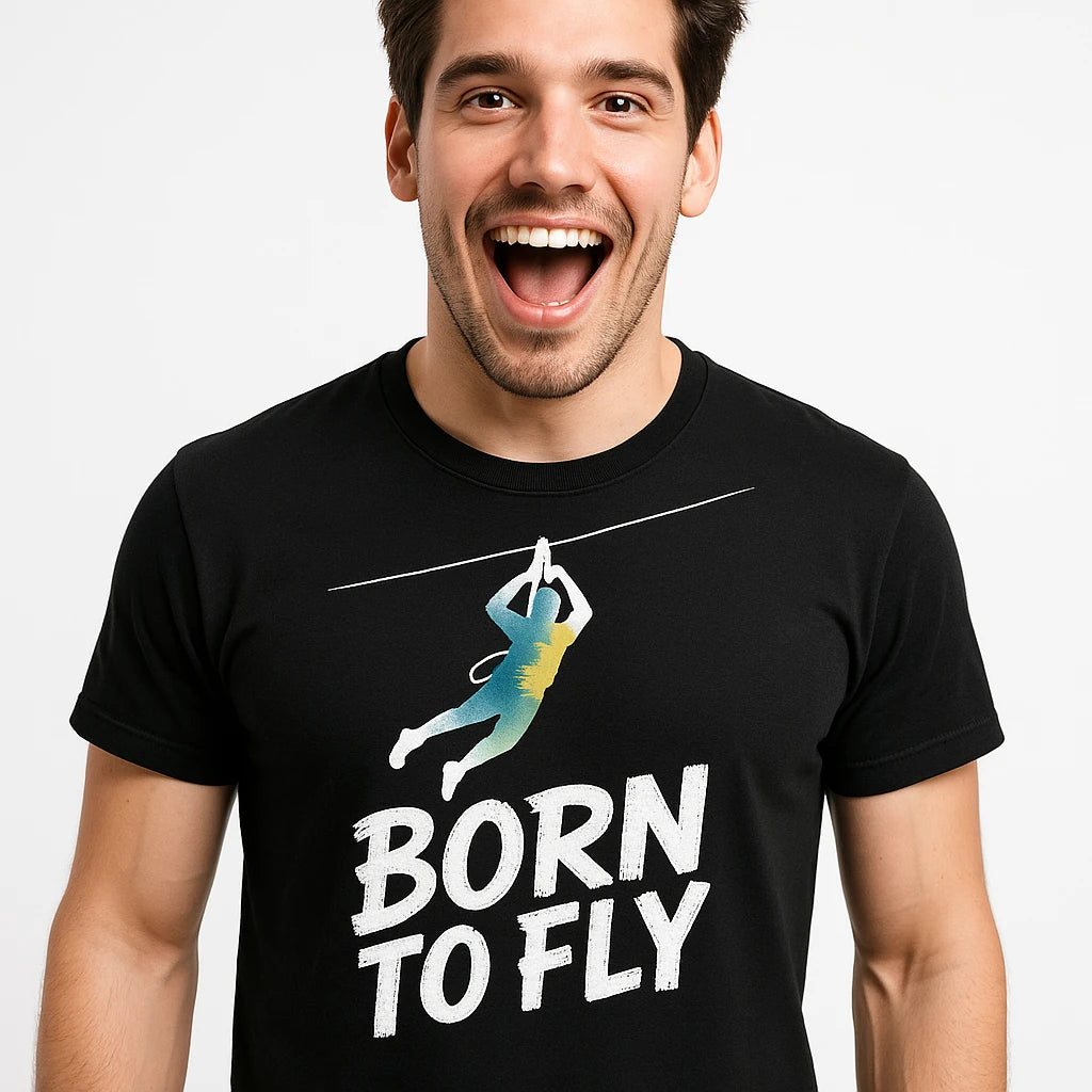 Close-up of the "Born To Fly" white print on a premium Bella+Canvas black zip lining t shirt