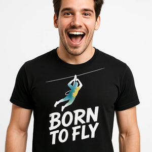 Close-up of the "Born To Fly" white print on a premium Bella+Canvas black zip lining t shirt