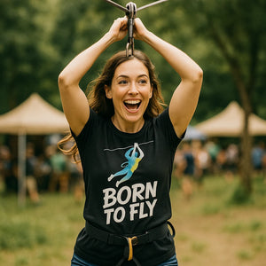 "Born To Fly" black zip lining t shirt, photographed as zip lining lover gift