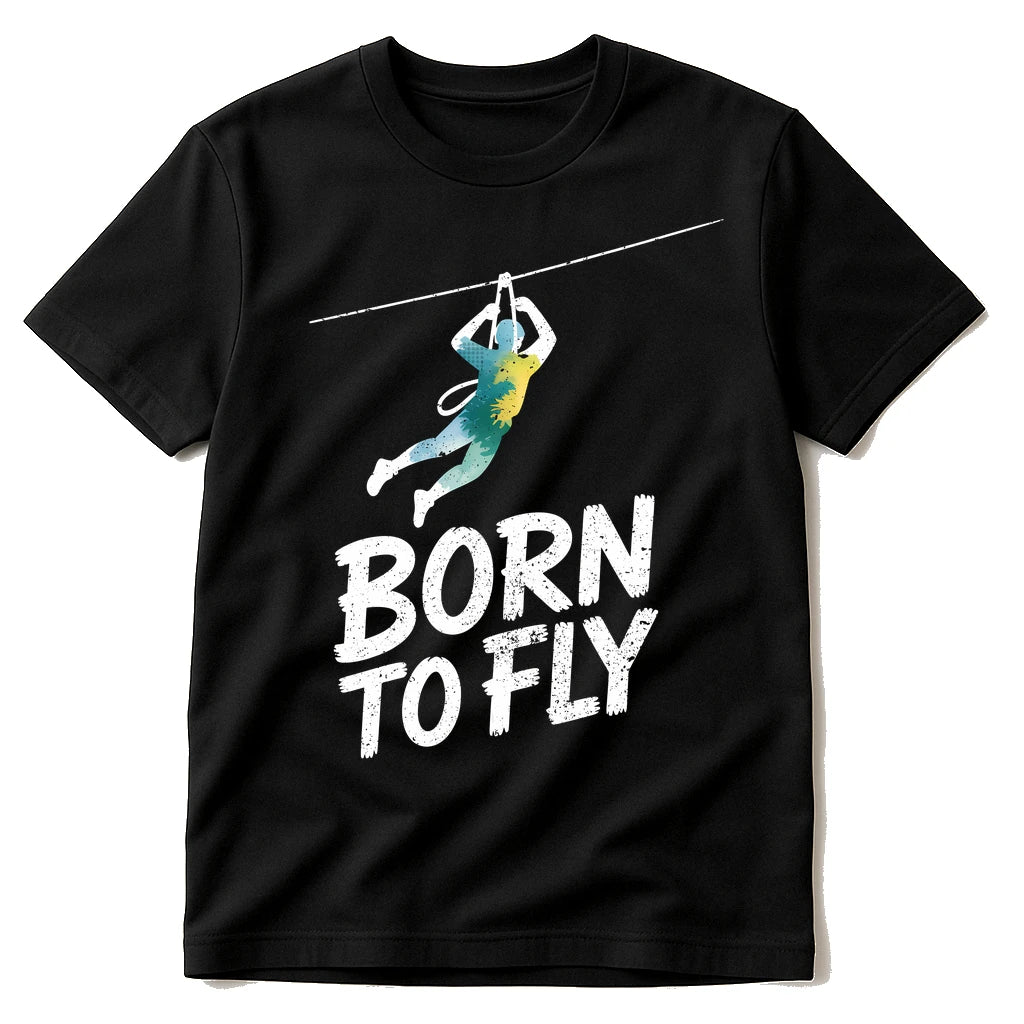 Black Zip Lining T Shirt - "Born To Fly" graphic tee with white print, flat lay product photo
