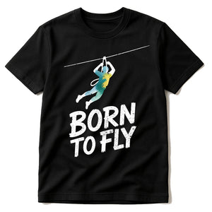 Black Zip Lining T Shirt - "Born To Fly" graphic tee with white print, flat lay product photo