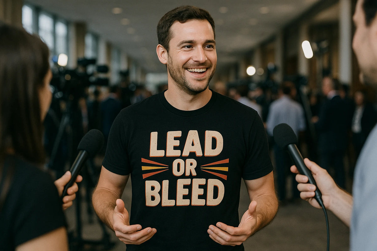 Lifestyle shot of the "Lead Or Bleed" black journalist t shirt in a real-world setting