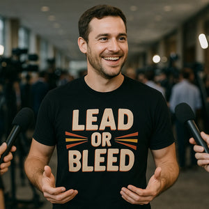 Lifestyle shot of the "Lead Or Bleed" black journalist t shirt in a real-world setting