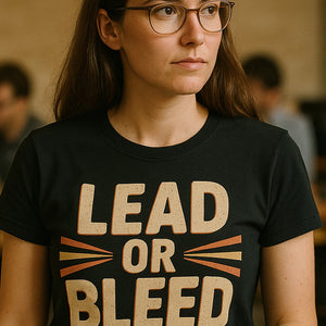 "Lead Or Bleed" black journalist t shirt, photographed as journalist lover gift