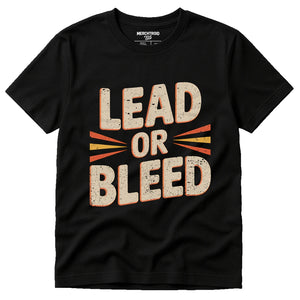 Black Journalist T Shirt - "Lead Or Bleed" graphic tee with beige print, flat lay product photo
