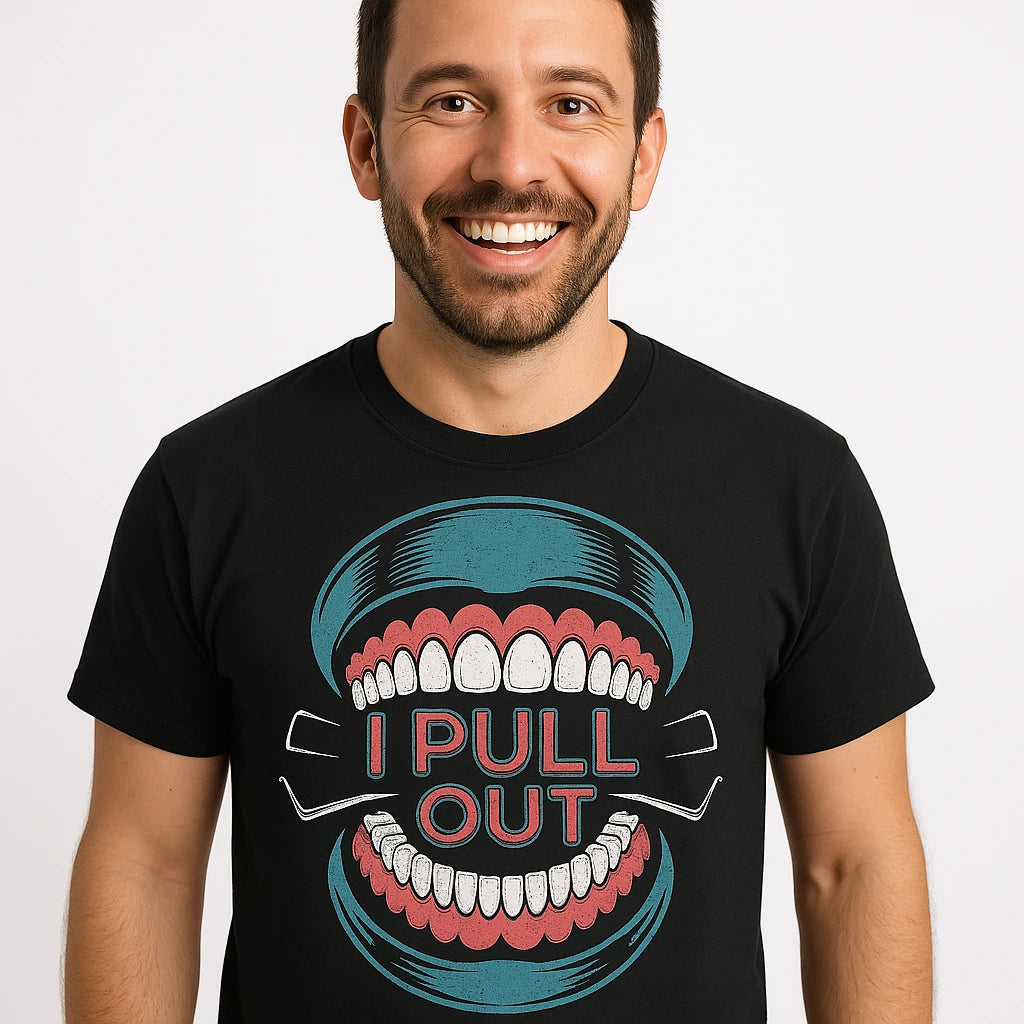 Close-up of the "I Pull Out" teal print on a premium Bella+Canvas black dentist shirts