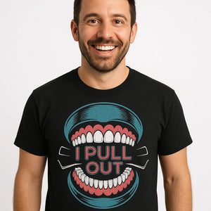 Close-up of the "I Pull Out" teal print on a premium Bella+Canvas black dentist shirts