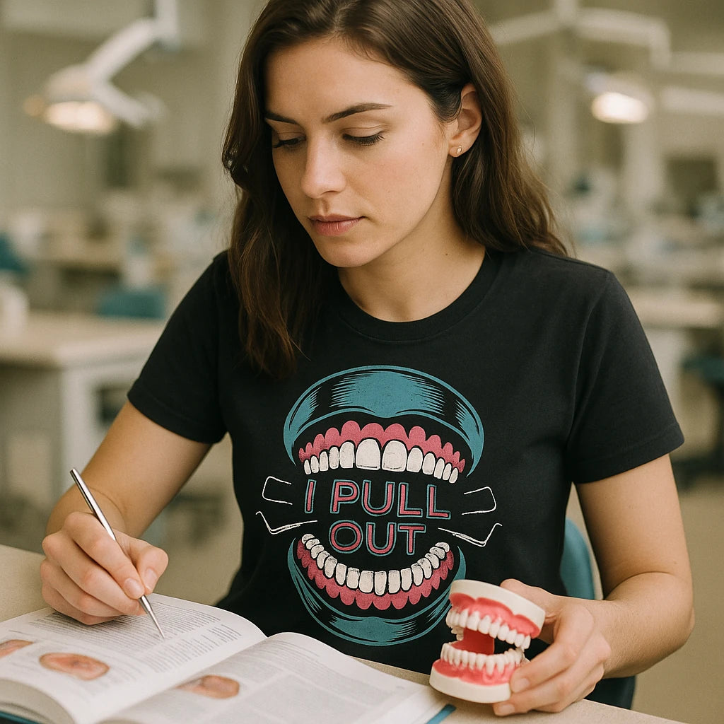 "I Pull Out" black dentist shirts, photographed as dental gifts for dentist