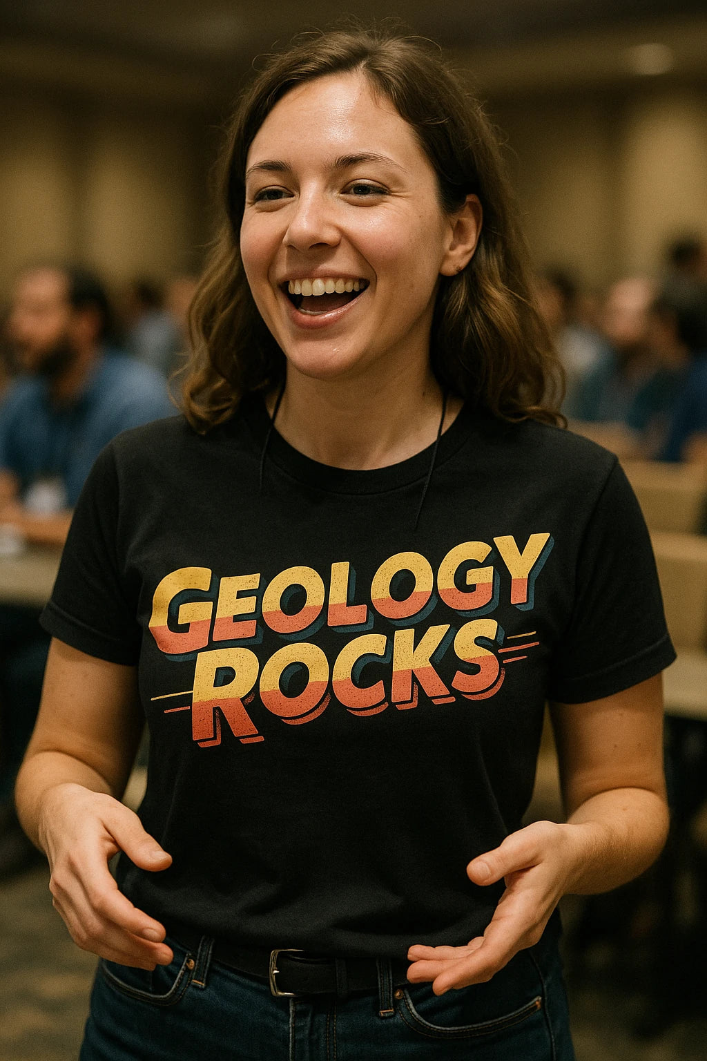 "Geology Rocks" black funny geology t shirt, photographed as gifts for geology lovers