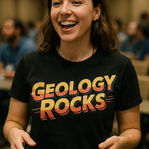 "Geology Rocks" black funny geology t shirt, photographed as gifts for geology lovers