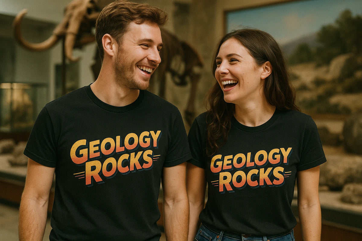 Person wearing the black funny geology t shirt graphic tee - "Geology Rocks" design