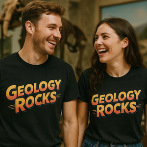 Person wearing the black funny geology t shirt graphic tee - "Geology Rocks" design