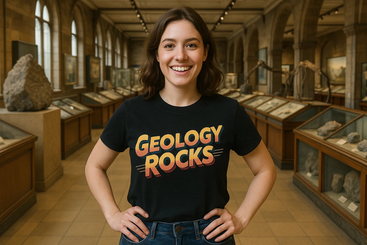 Lifestyle shot of the "Geology Rocks" black funny geology t shirt in a real-world setting
