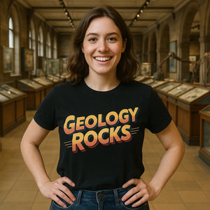 Lifestyle shot of the "Geology Rocks" black funny geology t shirt in a real-world setting